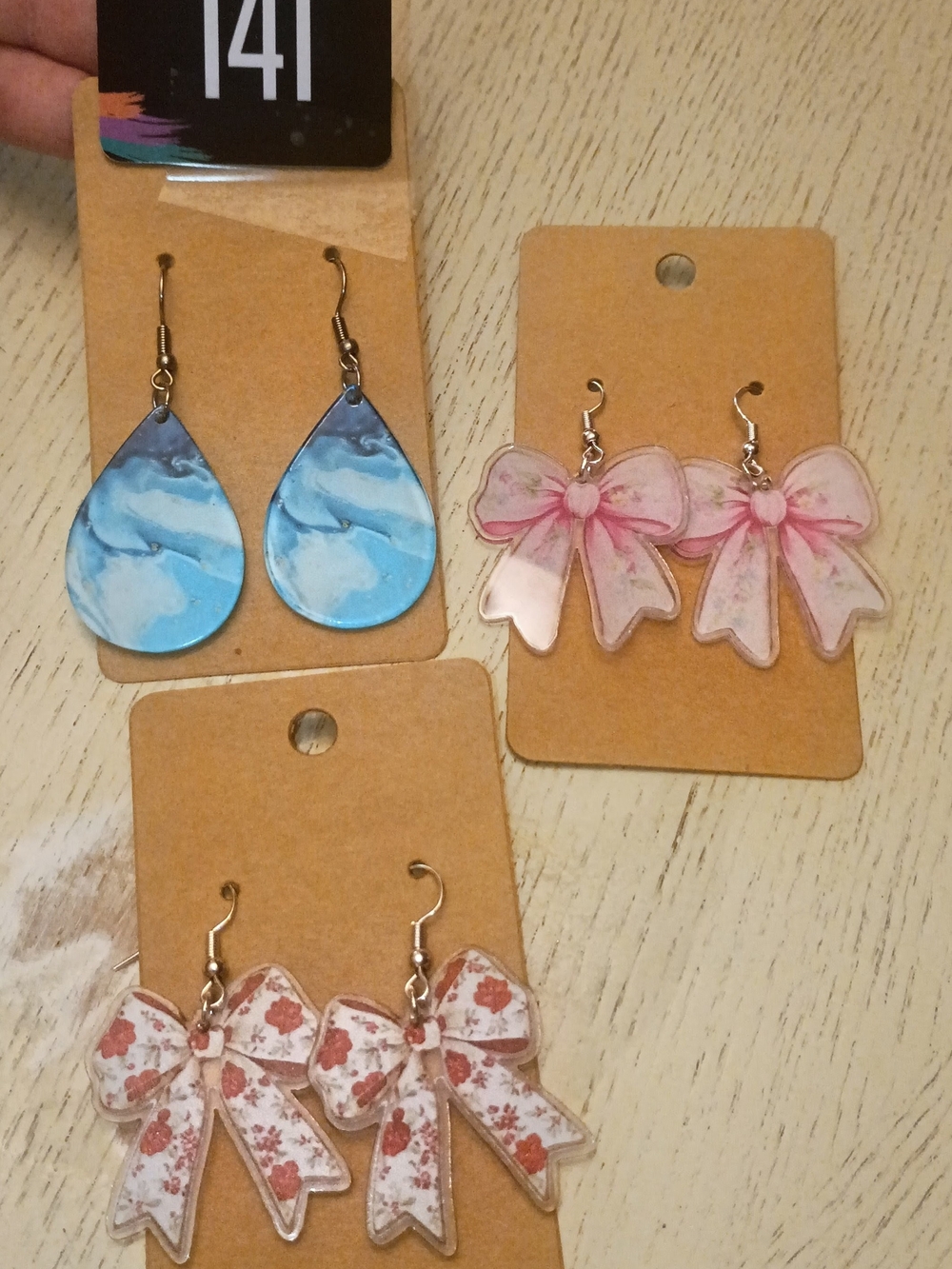 Blue Marble Teardrop Earrings & Pink Floral Bow Earrings Duo